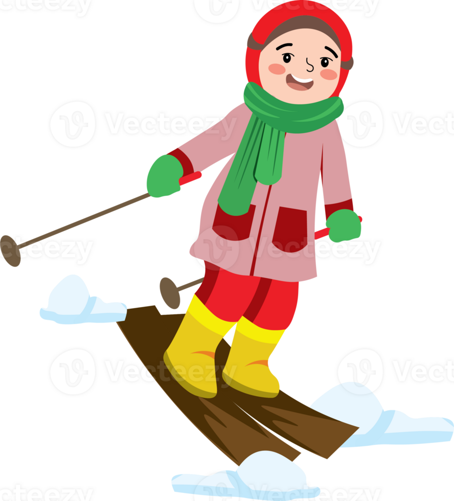 Muslim girl in hijab skiing and sliding in snowy png