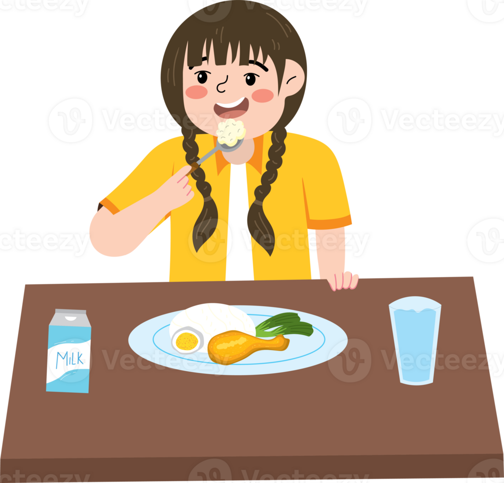 Bright morning breakfast time for cheerful young girl png