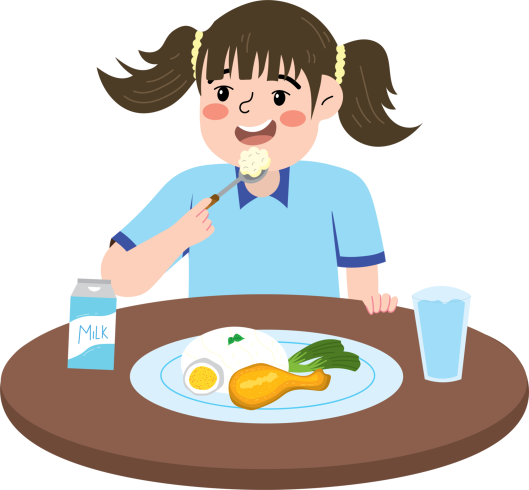Happy little girl enjoying breakfast before starting the day png