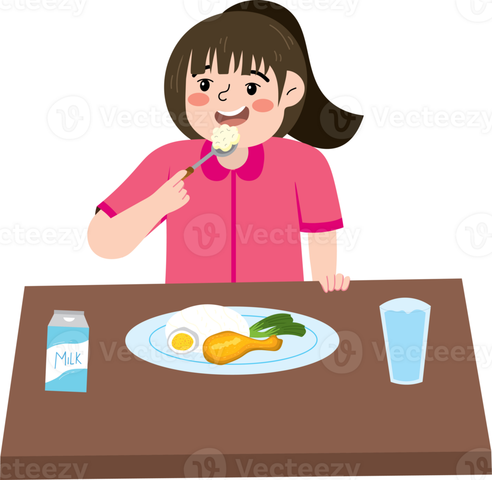 Girl enjoying her first meal of the day png
