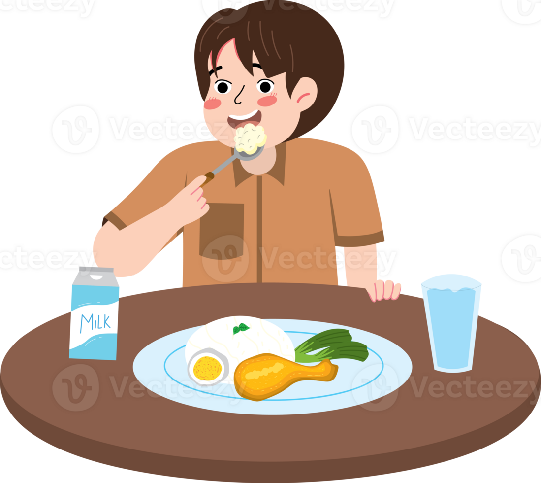 Child eating healthy meal before school activities png