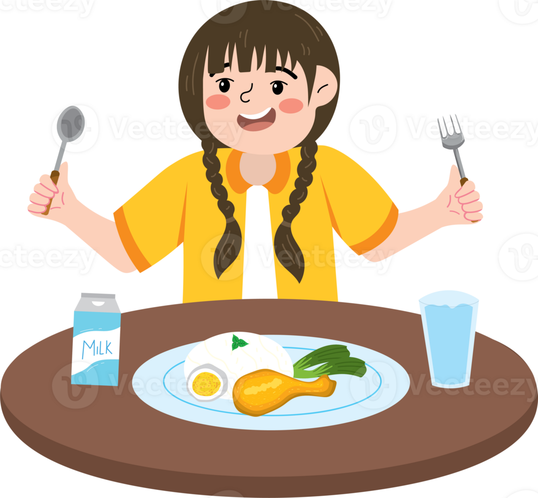 Child enjoying her meal at the breakfast table png