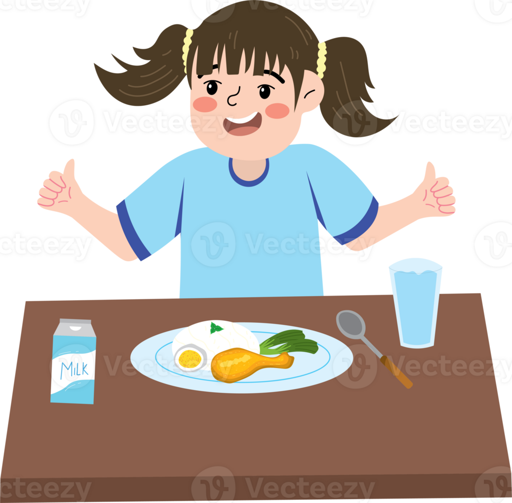 Kid girl smiling while having breakfast png