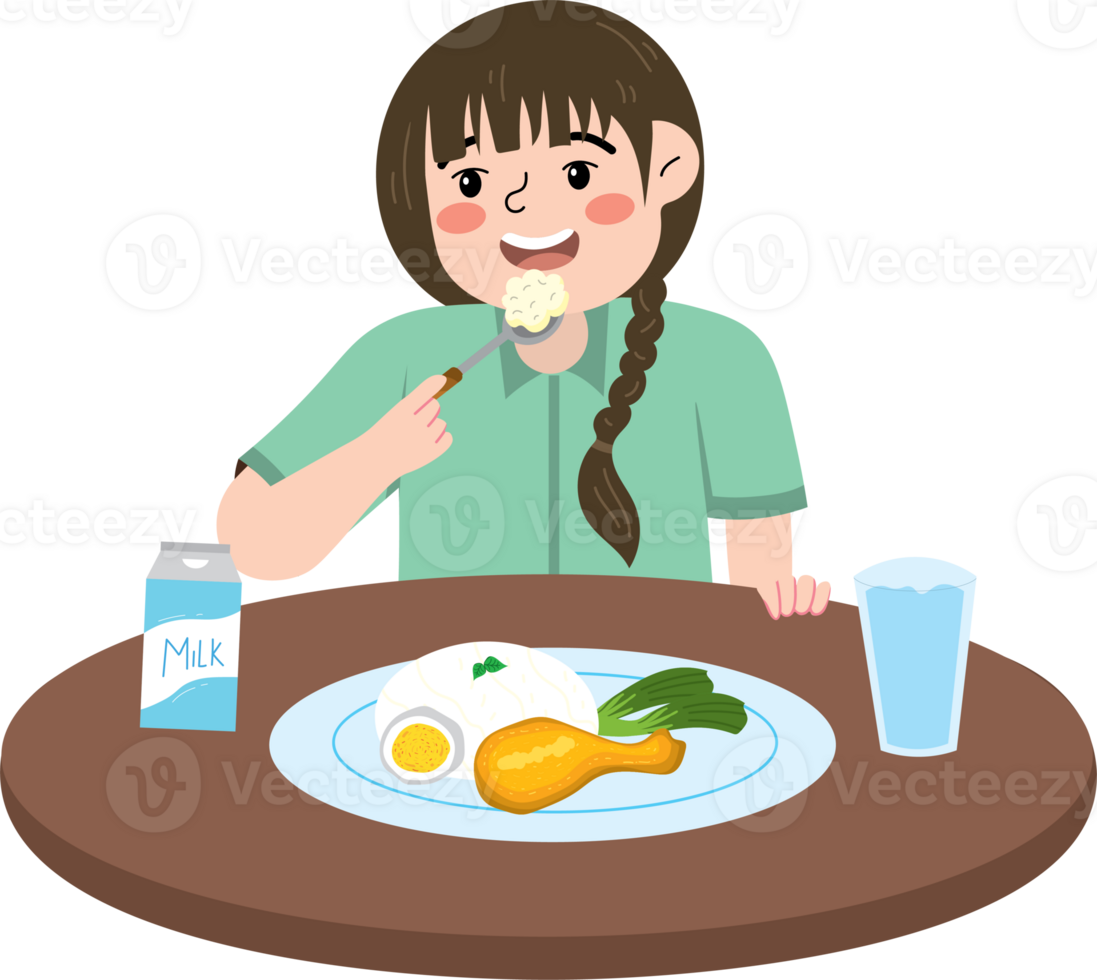 Girl eating toast and eggs at breakfast time png