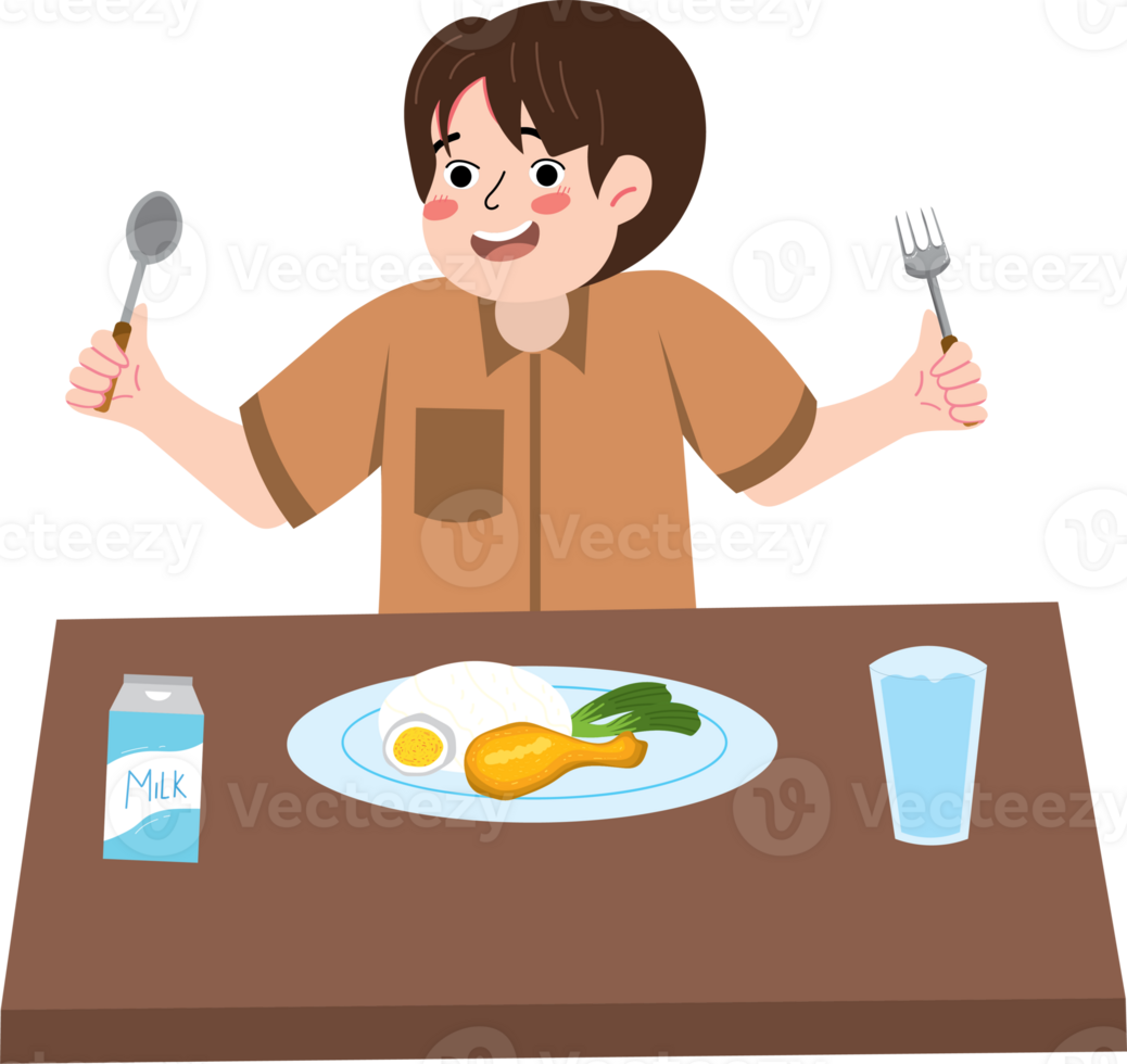 Boy preparing for school with early morning meal png