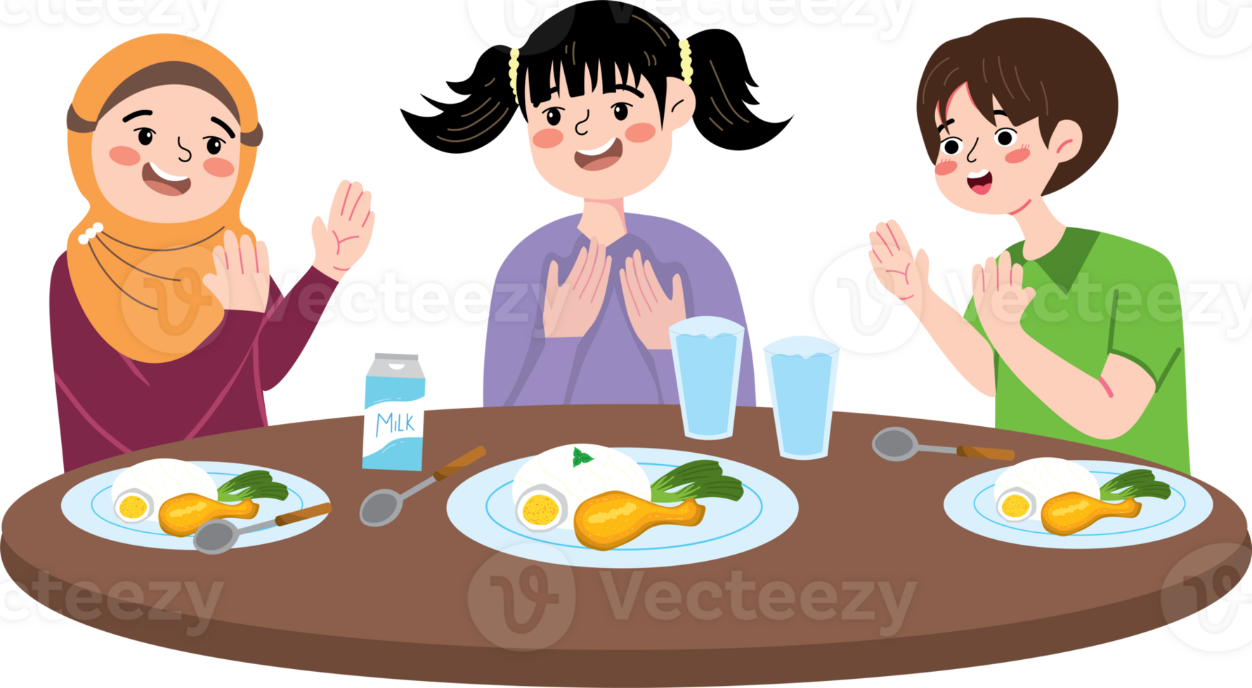 Children breaking their fast together at the dining table png