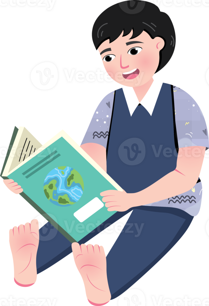 Boy celebrating World Book Day by reading happily png