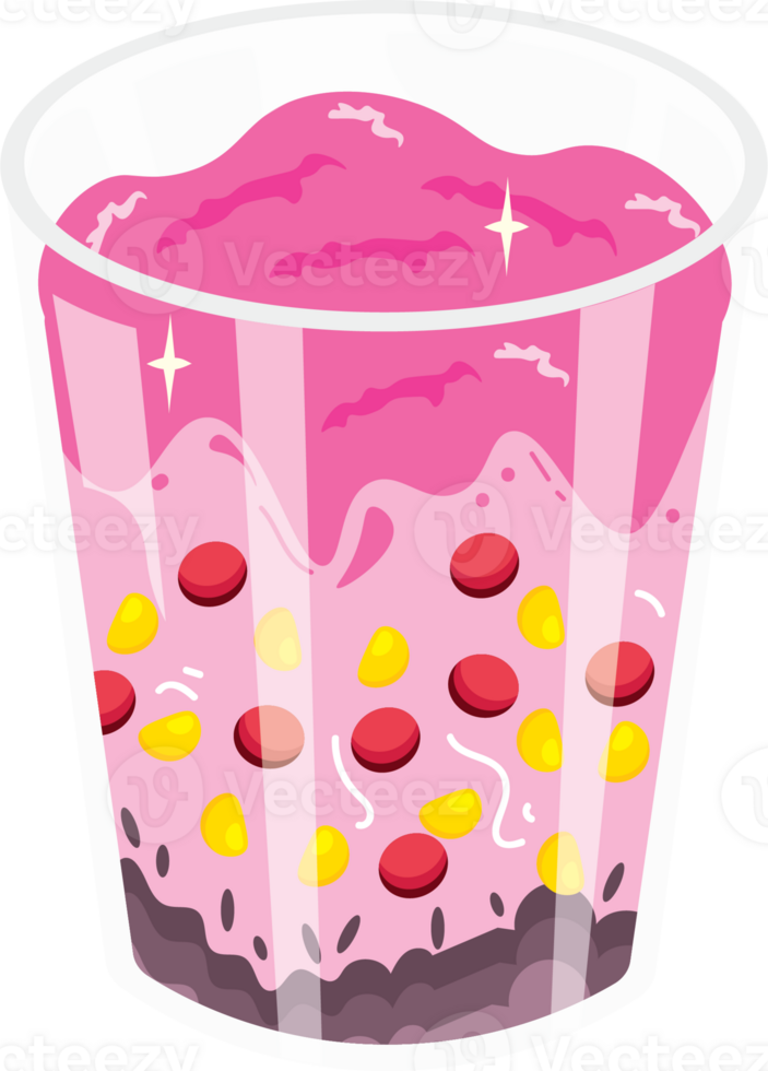 Refreshing summer beverage with ice, coconut milk, and green rice flour jelly png