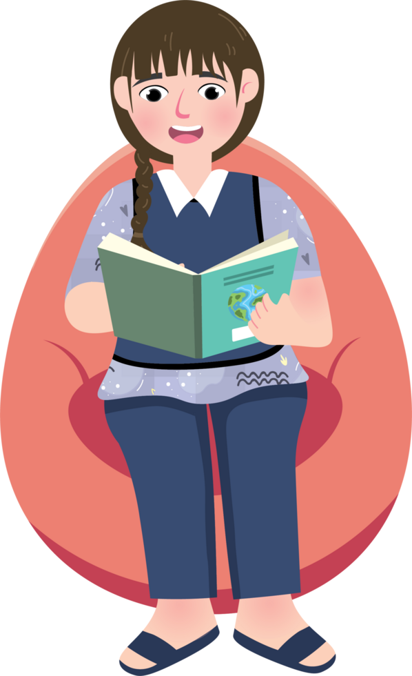 Elementary girl studying from book with focus png