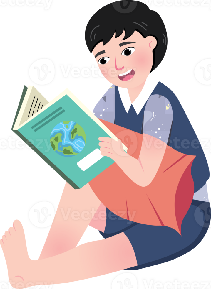 Smiling child reading a book at home on Book Day png