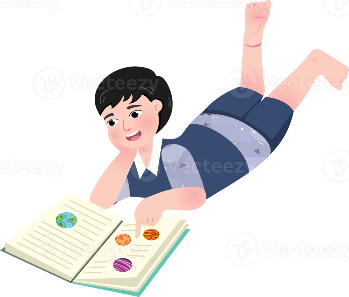 Happy child studying while lying down on World Book Day png