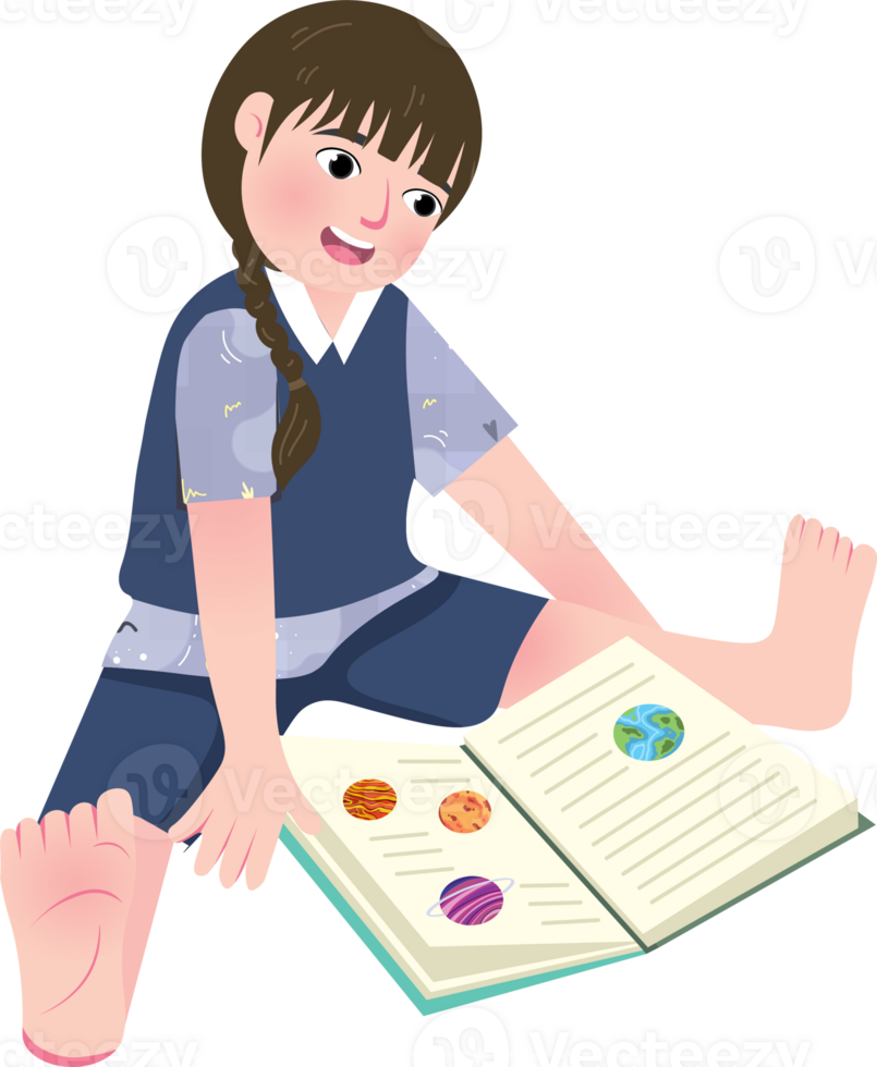 Child reading a schoolbook while relaxing at home png