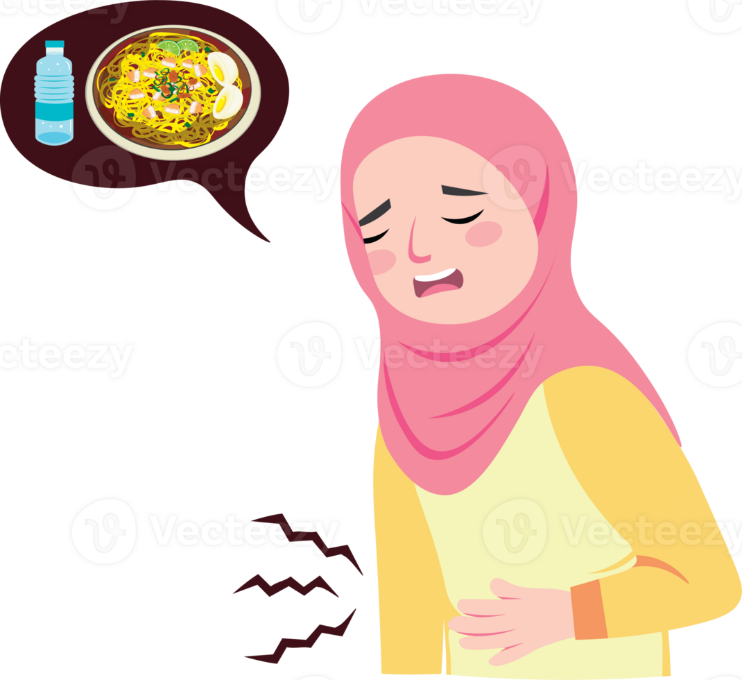 Fasting hijab girl showing signs of hunger and thirst png