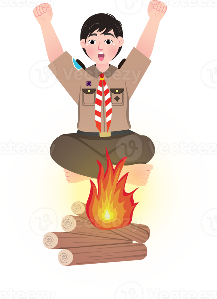 Boy Scout Smiling While Starting a Campfire png