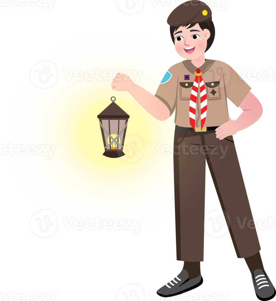 Scout Boy from High School Holding a Lantern with Cheerful Face in Evening Activity png