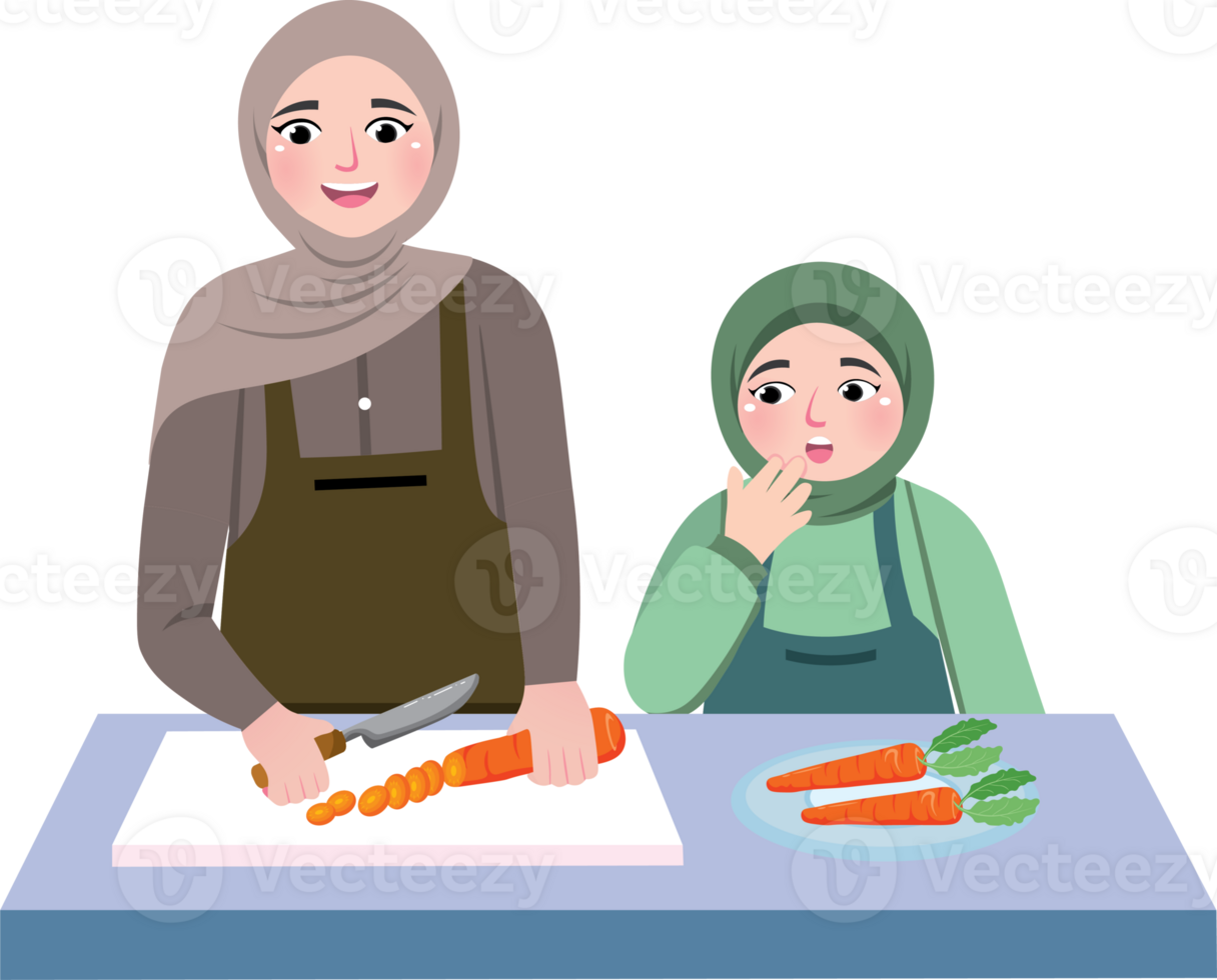 Muslim Girl Helping Mom Prepare Iftar Meal png