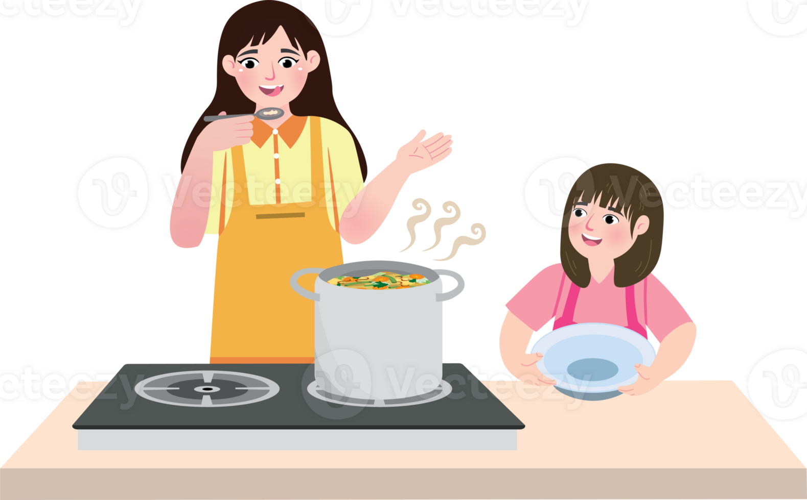 Cute Kid Stirring Soup with Her Mom png