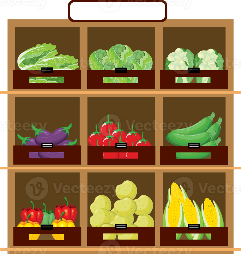 Organized Supermarket Shelf with Assorted Vegetables png