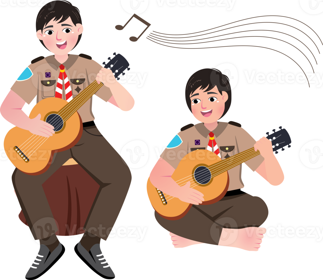 High School Scout Singing and Playing Guitar Around Campfire at Camping Night png