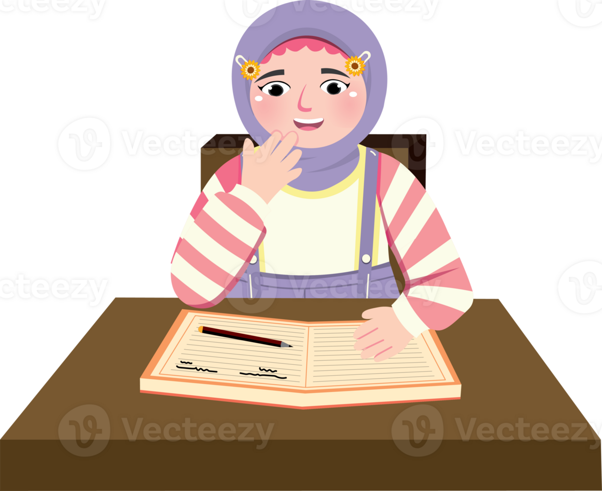 Muslim Girl Studying at Desk with Books and Focused Expression png