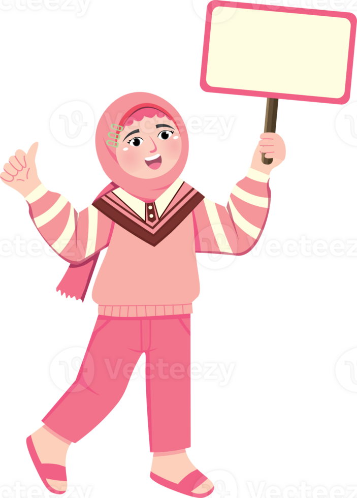 Cute Muslim Girl Holding Blank Sign for Message png