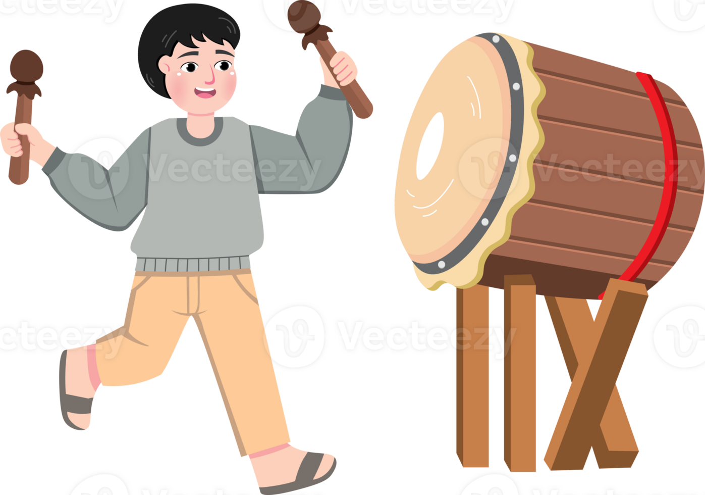 Boy Celebrating Takbiran with Bedug Drum in Ramadan Evening png