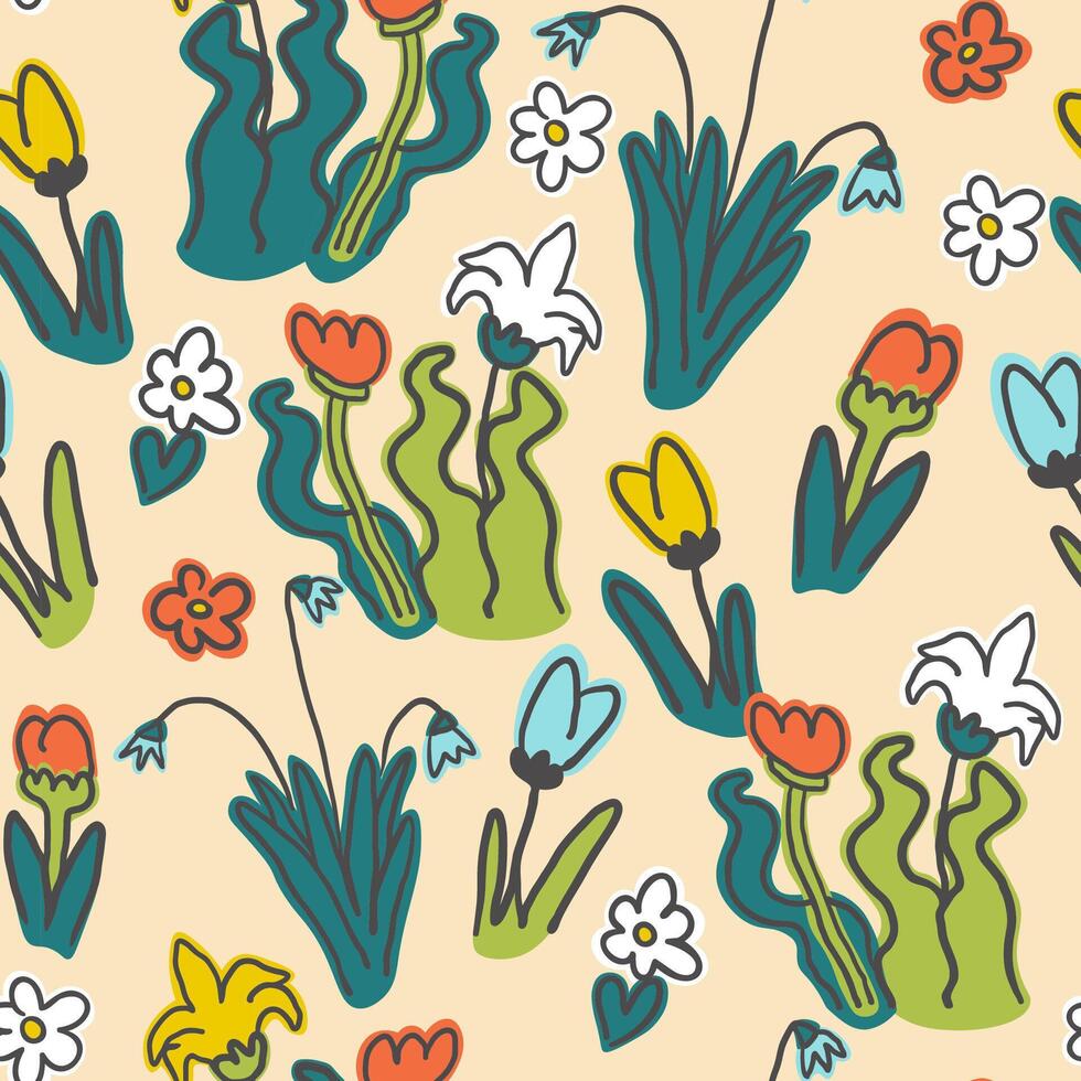 seamless pattern with blooming flowers in hand drawn style vector