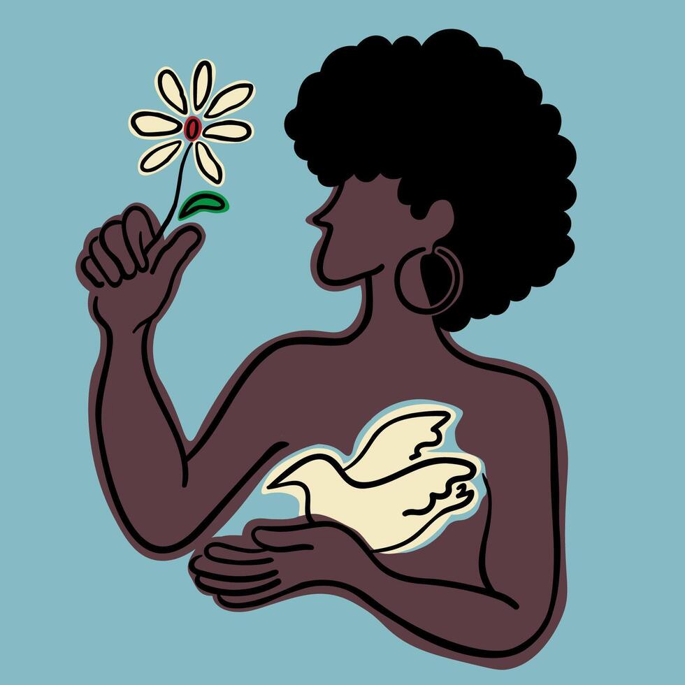 black female with white pigeon in doodle style vector