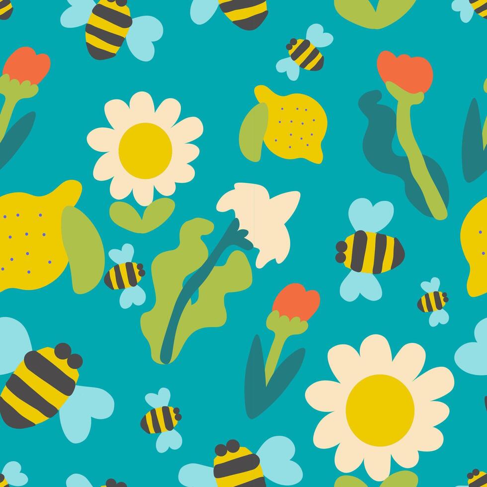 seamless pattern with flowers bees and lemons in hand drawn style vector