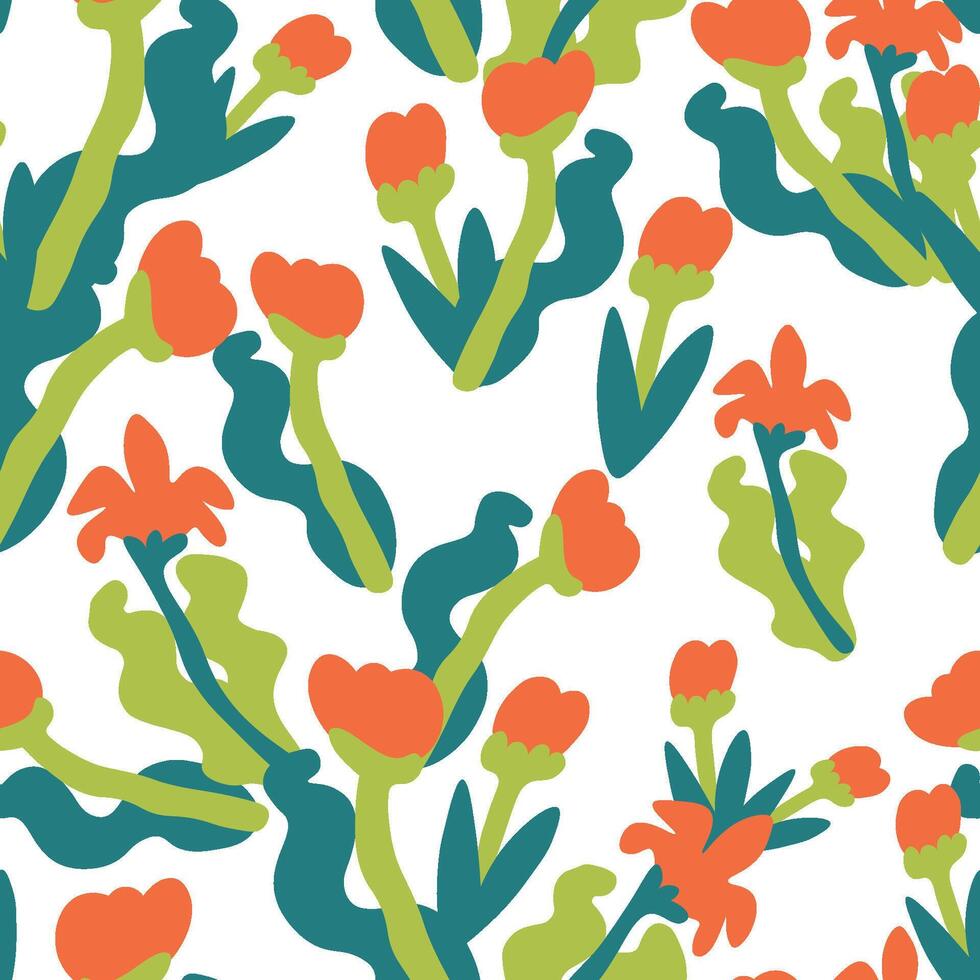 seamless pattern with red flowers in hand drawn style vector