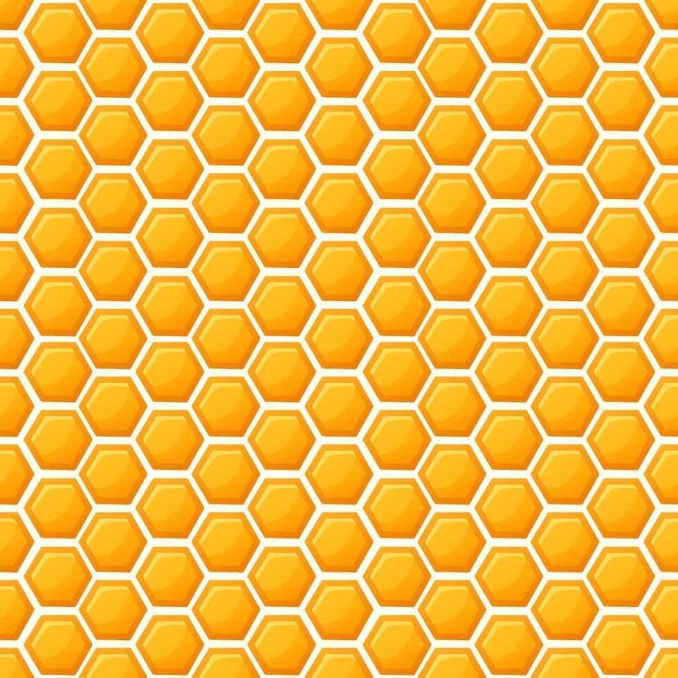 Honeycomb seamless pattern of golden hexagonal cells filled with sweet honey on bright background vector
