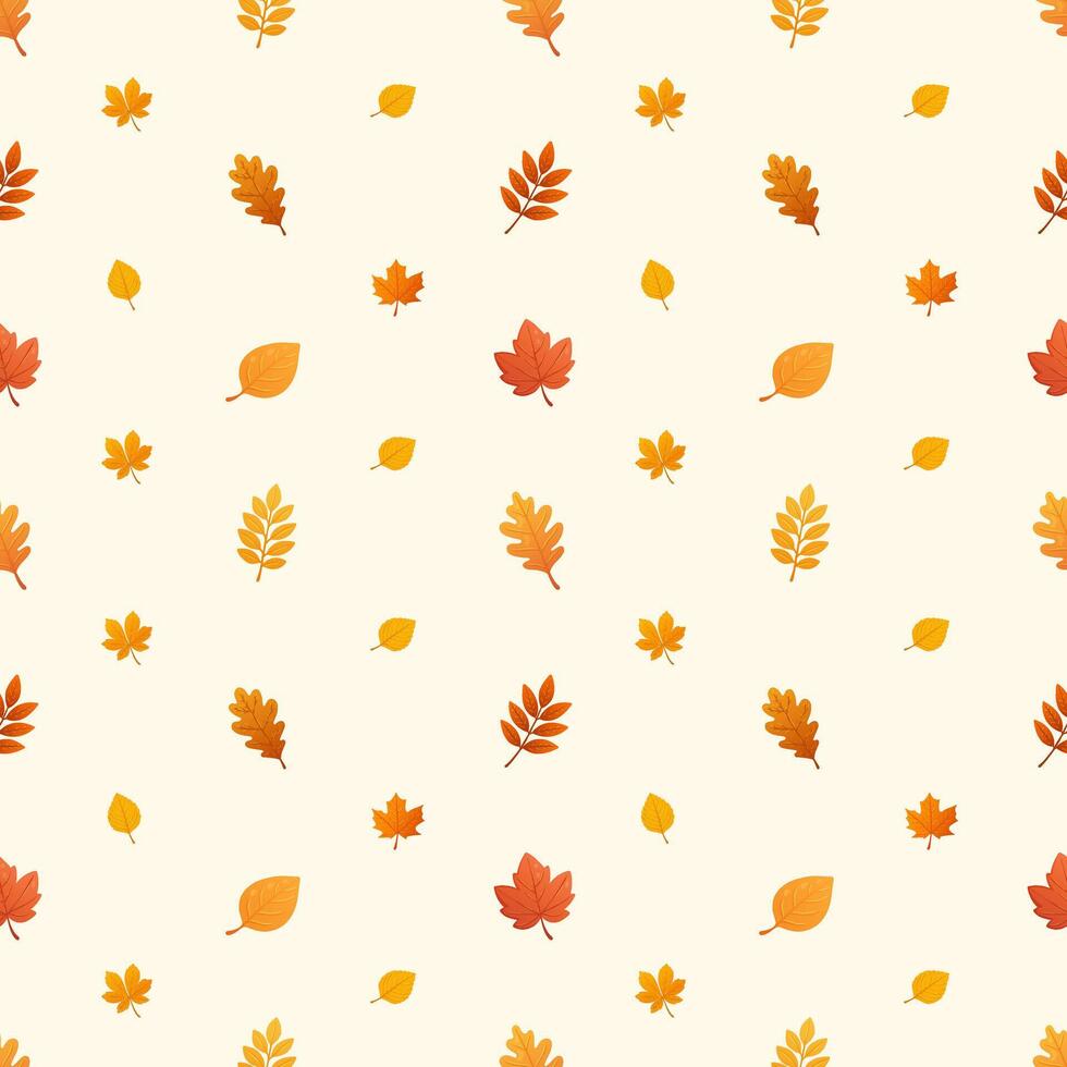 Seamless autumn leaf pattern featuring oak maple birch rowan and beech leaves on a light cream background vector