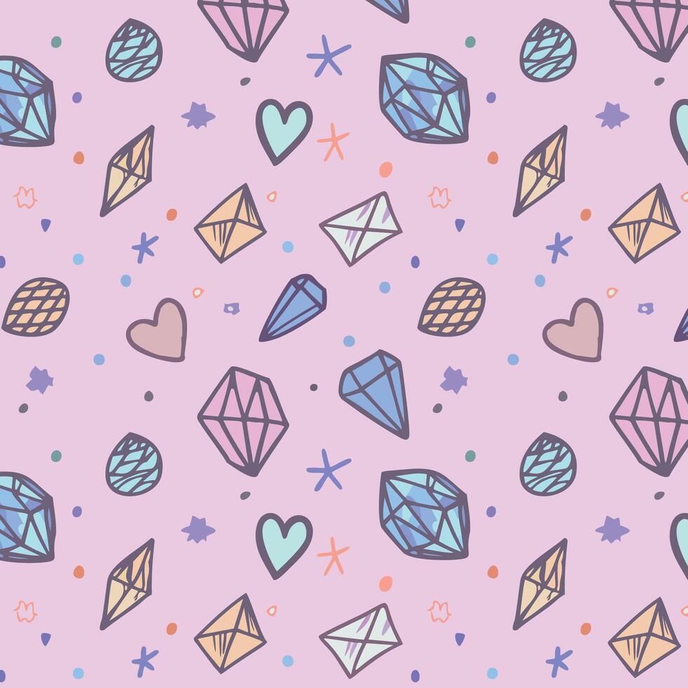 Pastel gems and hearts pattern. vector