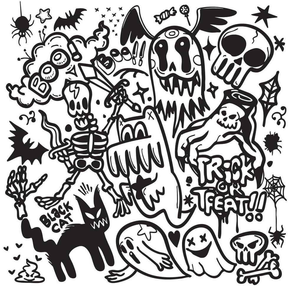Spooky Halloween doodles featuring ghosts, skeletons, and black cat create fun atmosphere vector