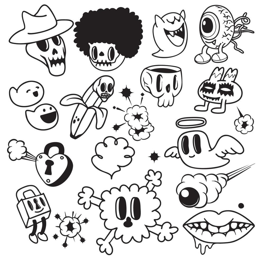 Cute Halloween themed illustrations featuring various characters like ghosts, skulls vector