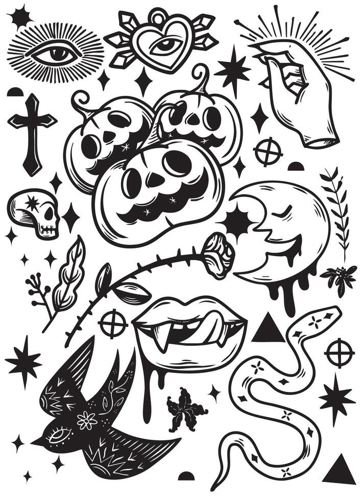 Spooky Halloween themed illustrations featuring pumpkins, skulls, and mystical symbols evoke vector