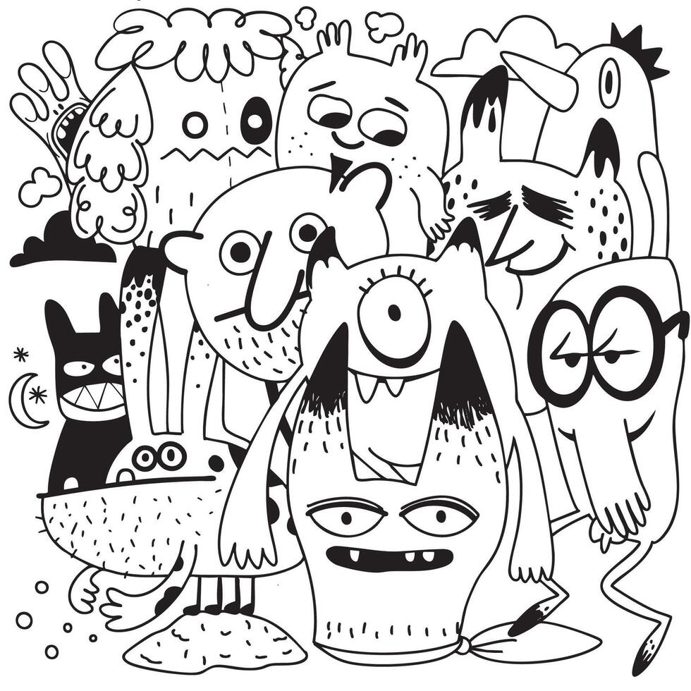 Cute and quirky cartoon monsters with various expressions and features create fun atmosphere vector