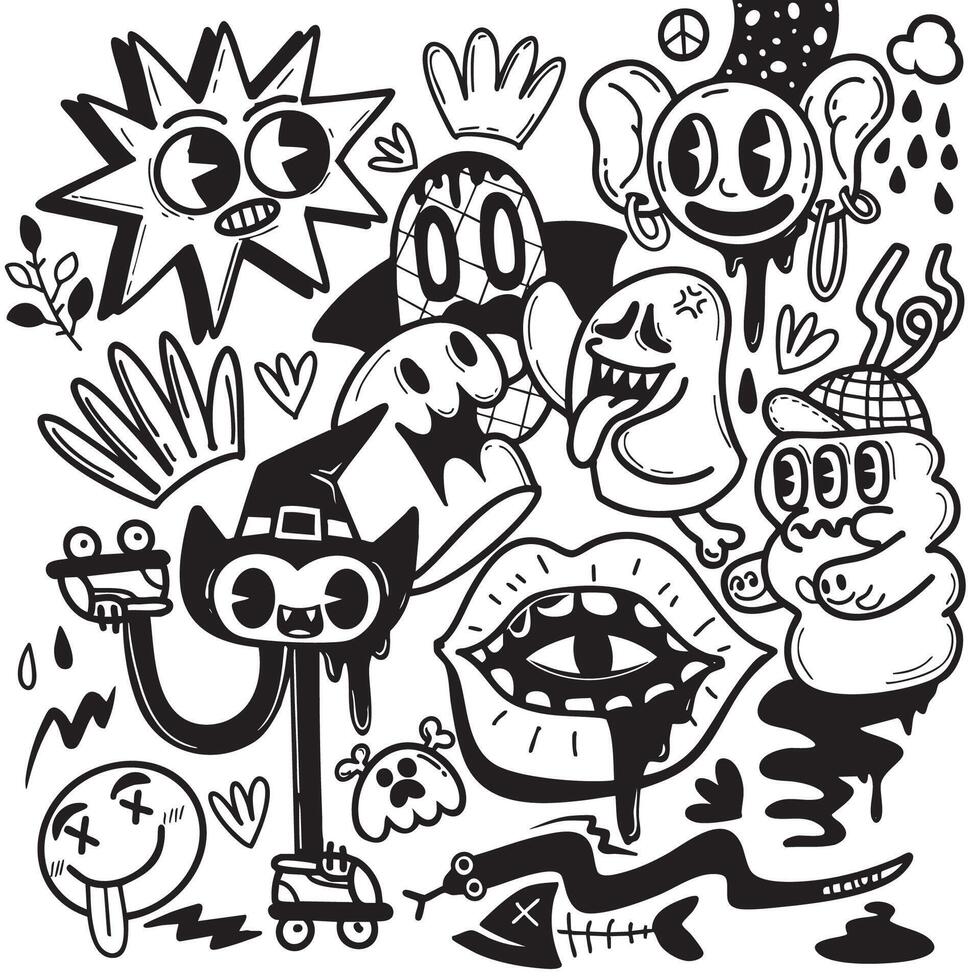 Cute and quirky Halloween themed doodles featuring various playful characters and designs vector