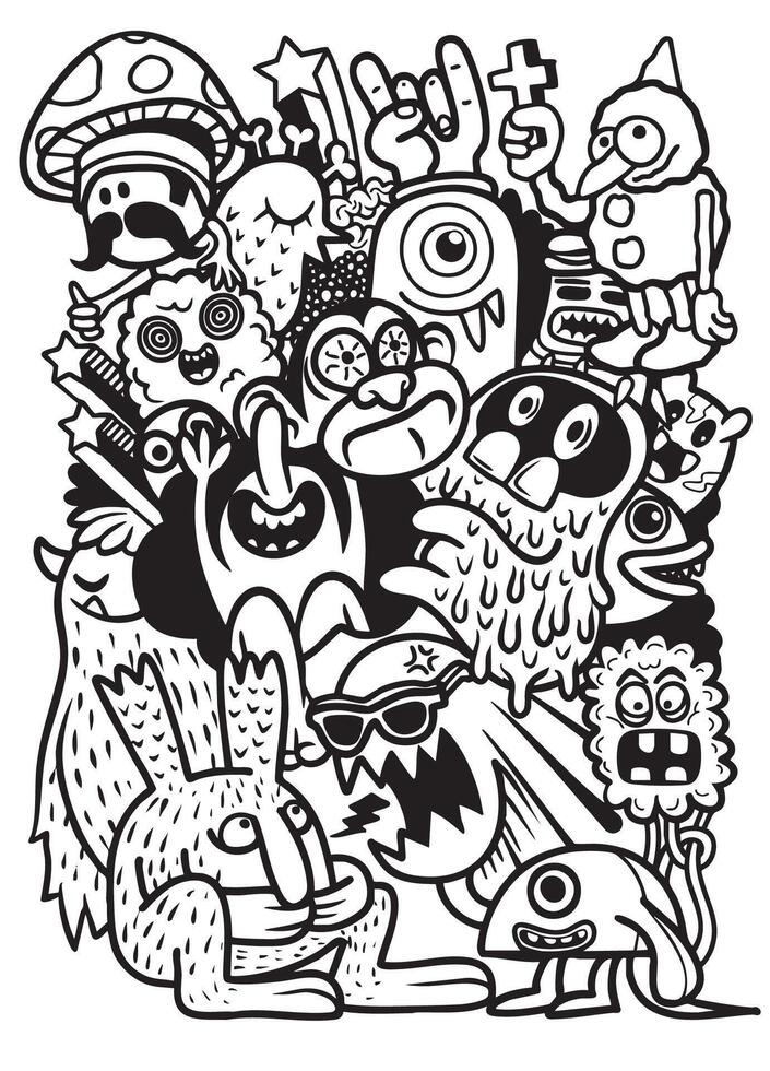 Colorful cartoon monsters and creatures playful, chaotic arrangement, showcasing various vector