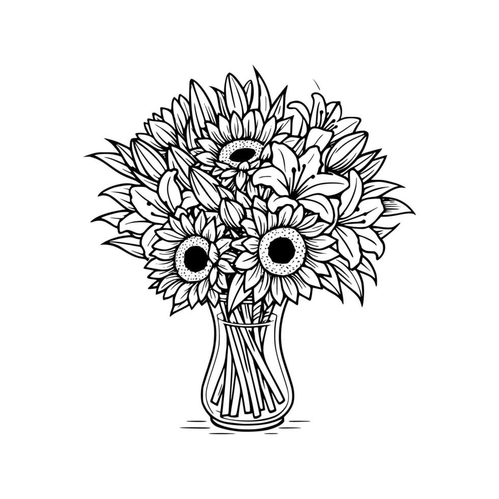 Black and white line drawing of a sunflower placed inside a classic vase. Ideal for floral decor, botanical art, greeting cards, and seasonal designs. vector