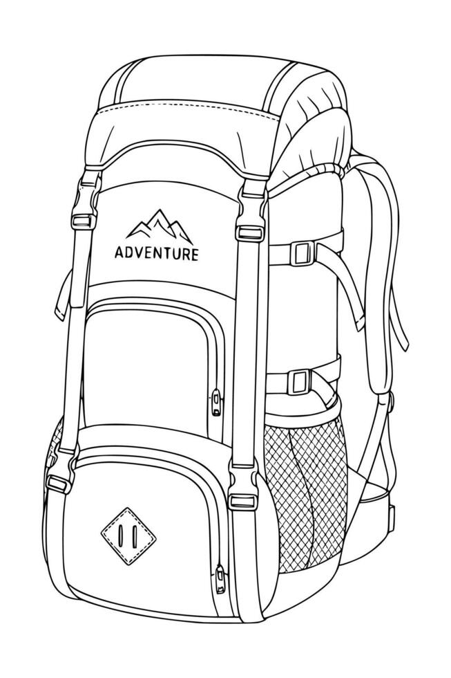 Detailed black and white sketch of a hiking backpack with multiple compartments. Ideal for travel, adventure, camping, outdoor activities, or gear-related designs. vector