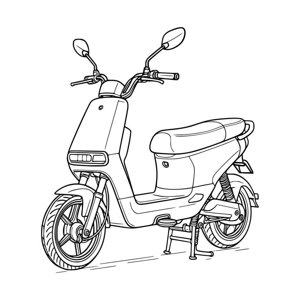 Minimalist black and white sketch of an electric scooter in side view. Perfect for transportation, urban design, mobility apps, and sustainability campaigns. vector