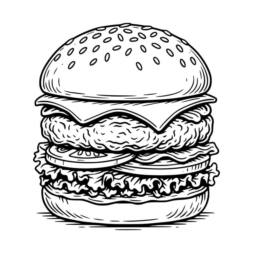 Bold line art of a stacked burger with toppings. Great for American diner themes, food truck branding, or fast food promotions. vector