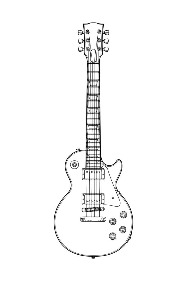 Black and white line art of a modern electric guitar with detailed body and headstock. Ideal for music design, band graphics, rock culture visuals, and instrument illustrations. vector