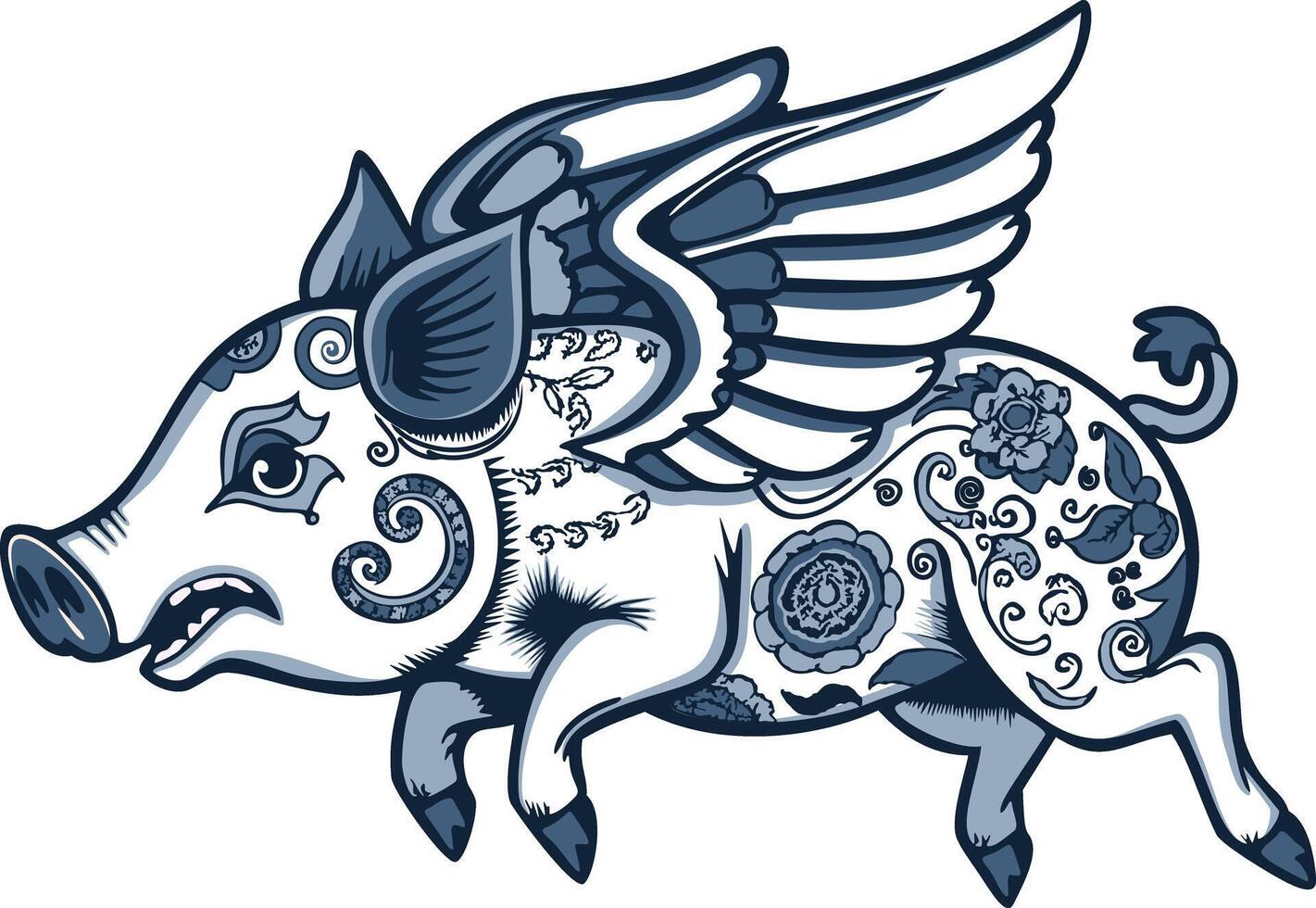 Winged piglet. Flying pig. Tattoo style. isolated monochrome illustration vector