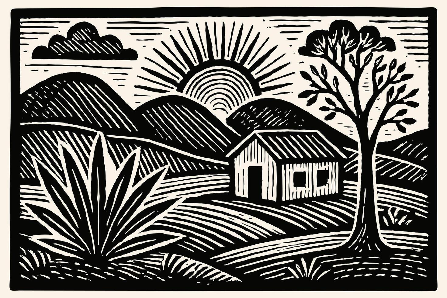Landscape with cacti, tree, mountains, house and sun. Brazilian northeast cordel illustration. Woodcut style. Black and white vector