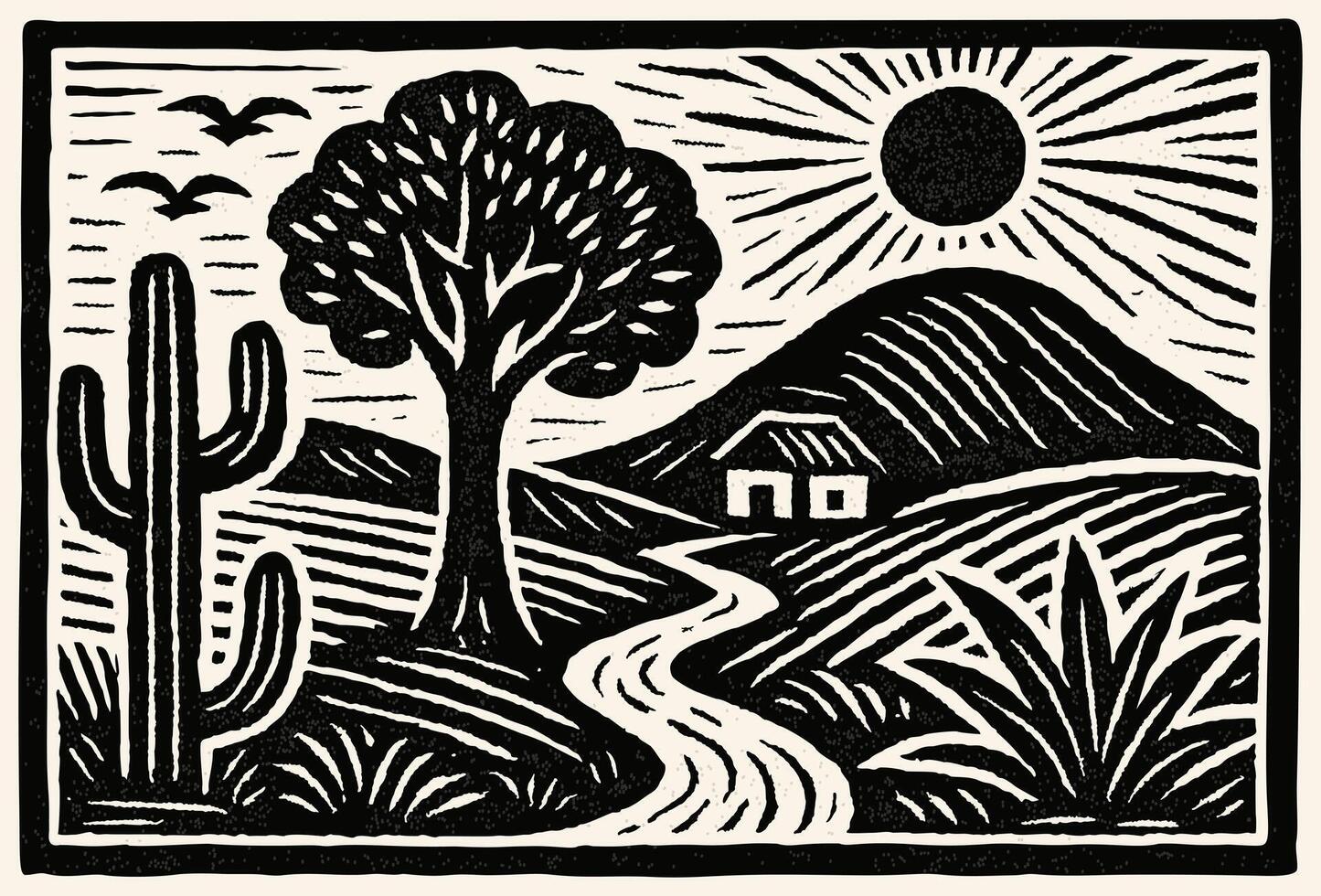Landscape with cacti, tree, mountain, house and sun. Brazilian northeast cordel illustration. Woodcut style. Black and white vector