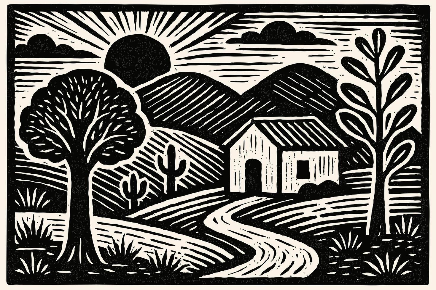Landscape with cacti, trees, mountains, house, cloud and sun. Brazilian northeast cordel illustration. Woodcut style. Black and white vector