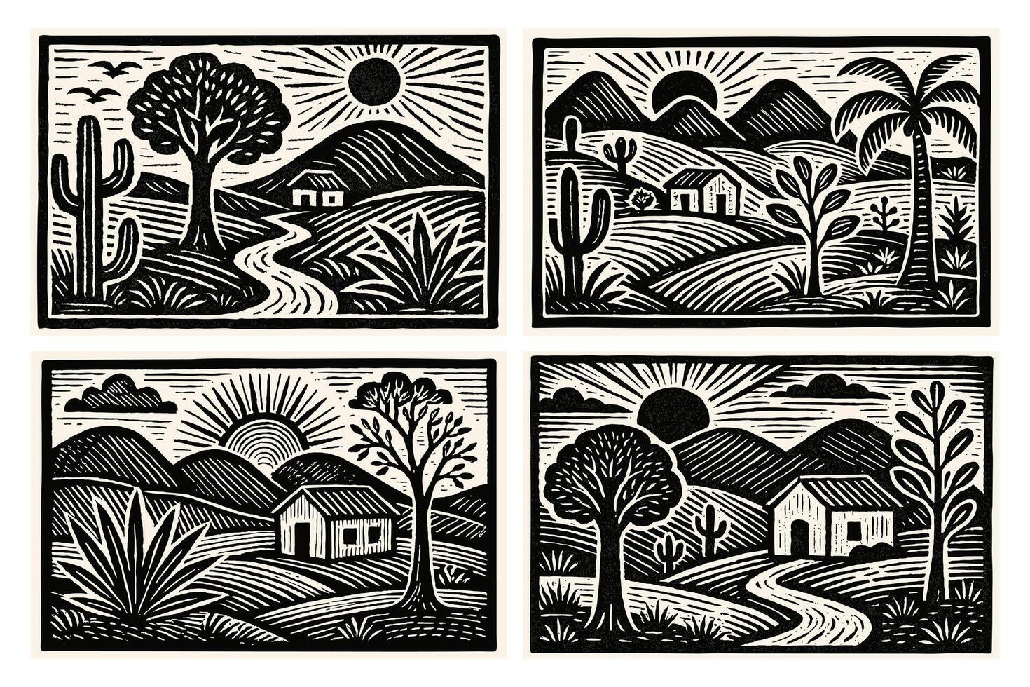 Set of landscapes with cacti, trees, mountains, house, cloud and sun. Brazilian northeast cordel illustration. Woodcut style. Black and white vector