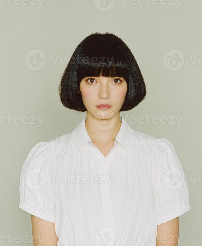 Woman with Bob Haircut Wearing White Blouse photo